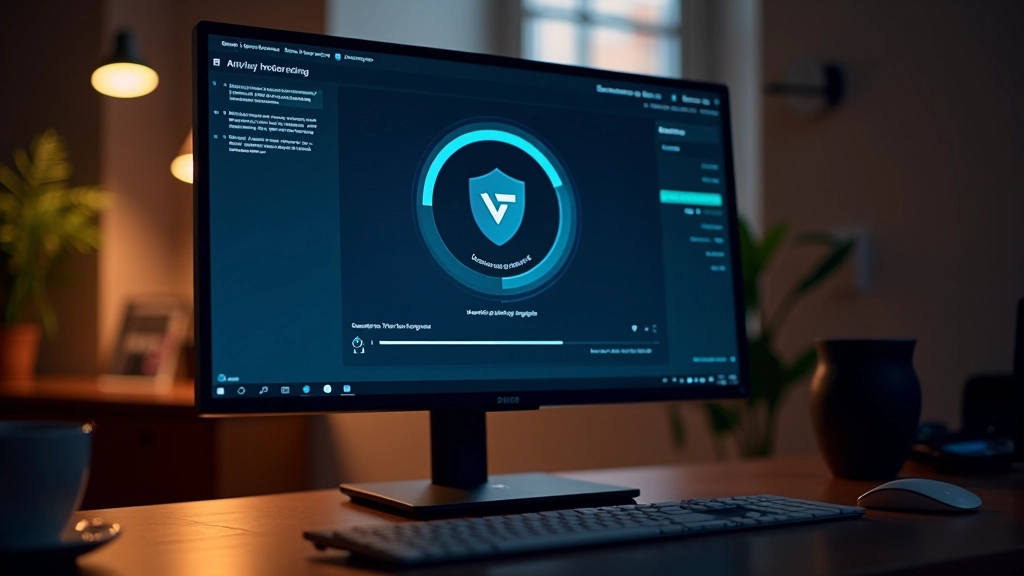 Schermo del computer con scansione antivirus in corso e indicatore di protezione