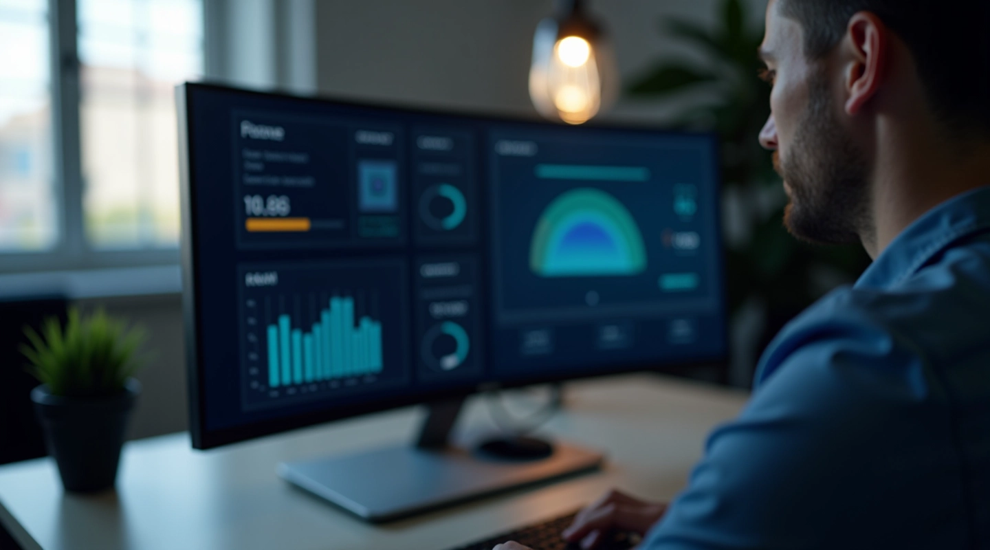 Schermo del computer con grafici di monitoraggio delle prestazioni e barre di caricamento