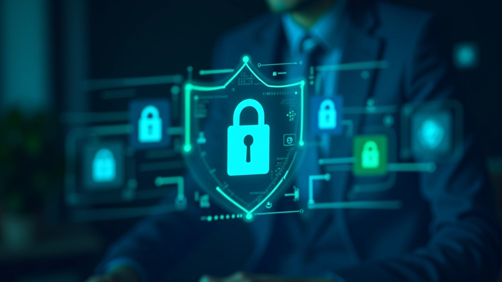 Icone di protezione e scudo di sicurezza su uno schermo di computer, simboli di antivirus moderno